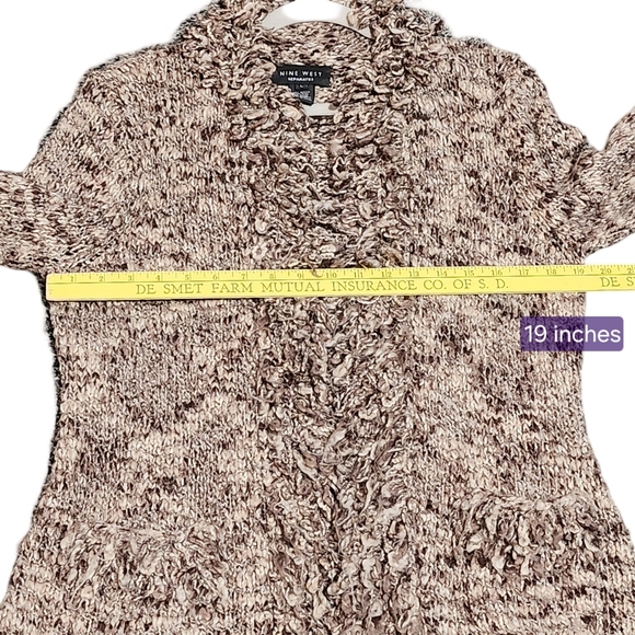 NINE WEST Cardigan Sweater Women Large Brown Wool Blend Y2K Ruffle Trim Shaggy - Picture 10 of 13